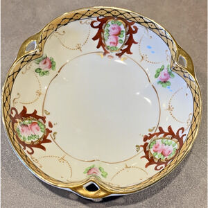 Noritake Morimura Japan Hand Painted Roses Floral Bowl Reticulated Handles Gold